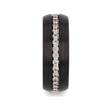 Front view showing the centered row of round white sapphires set in a brushed black tungsten carbide band.