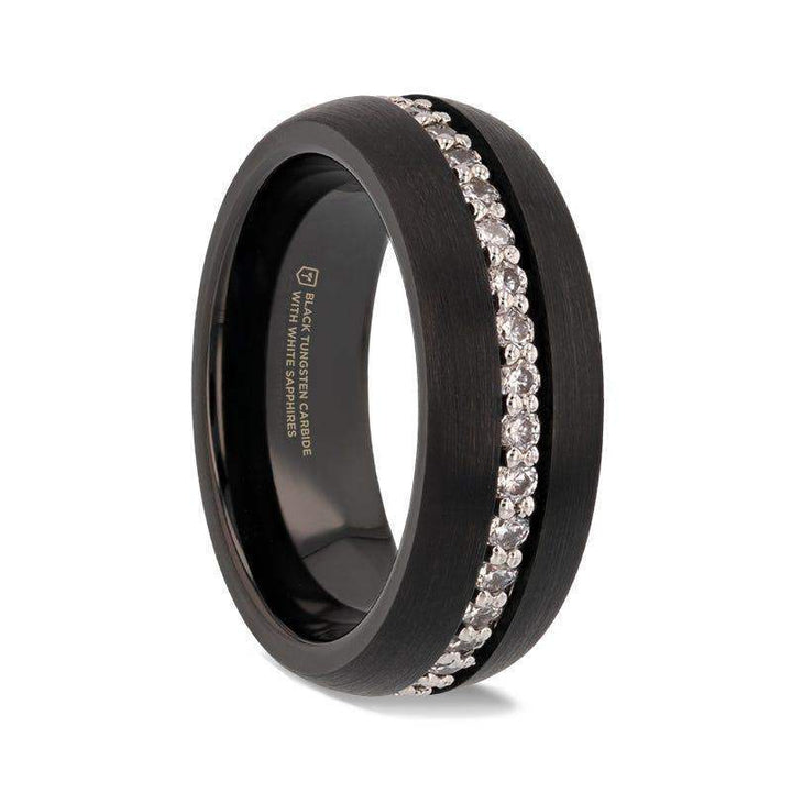 Side view of an 8mm domed black tungsten carbide ring with a brushed finish and a channel of round white sapphires.