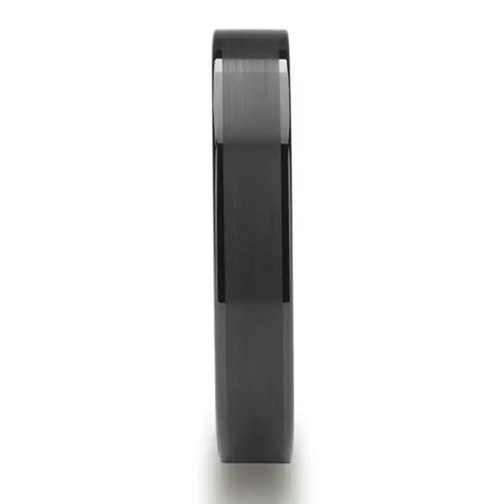 Front profile of the same flat black ceramic ring showing brushed center and glossy edges, 4mm width