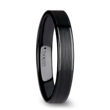 Side view of a women’s flat black ceramic ring with brushed center and polished edges, 4mm width