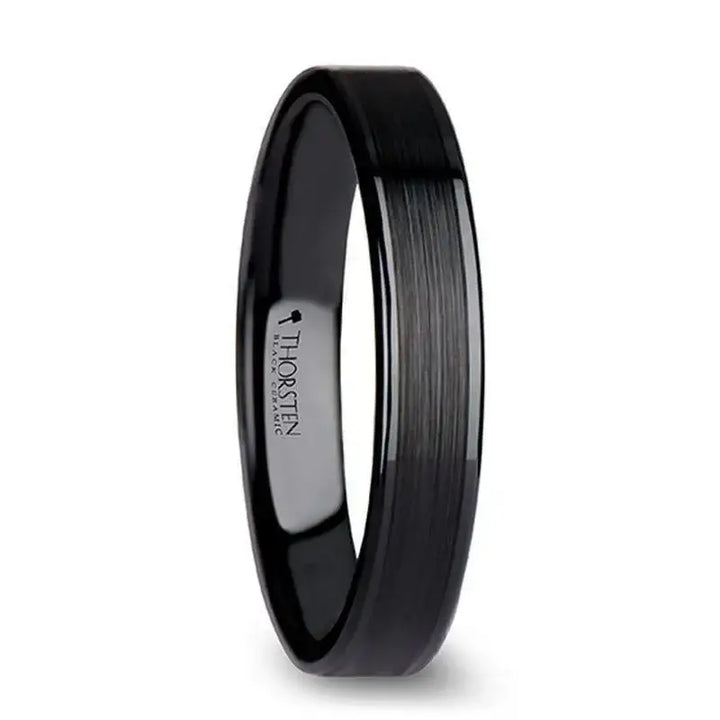 Side view of a women’s flat black ceramic ring with brushed center and polished edges, 4mm width