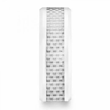 KENYON Beveled Polished White Ceramic Wedding Band with White Carbon Fiber Inlay – 8mm - Larson Jewelers
