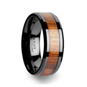 ACACIA Koa Wood Inlaid Black Ceramic Ring with Bevels - 4mm - 12mm - Larson Jewelers