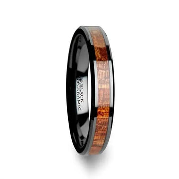 GABON Black Ceramic Band with Polished Bevels and Exotic Mahogany Hard Wood Inlay - 4mm - 10mm - Larson Jewelers