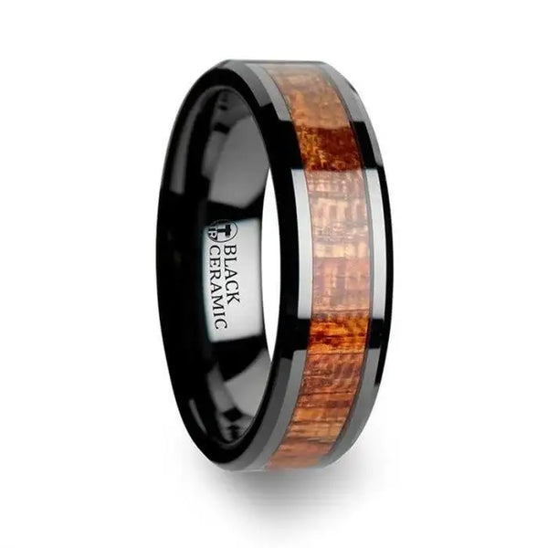 GABON Black Ceramic Band with Polished Bevels and Exotic Mahogany Hard Wood Inlay - 4mm - 10mm - Larson Jewelers