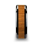 SAGON Black Ceramic Ring with Polished Bevels and Teak Wood Inlay - 6mm - 10mm - Larson Jewelers
