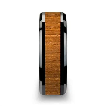 SAGON Black Ceramic Ring with Polished Bevels and Teak Wood Inlay - 6mm - 10mm - Larson Jewelers