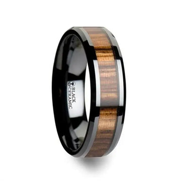 ZEBRANO Black Ceramic Ring with Beveled Edges and Real Zebra Wood Inlay - 4mm - 10mm - Larson Jewelers