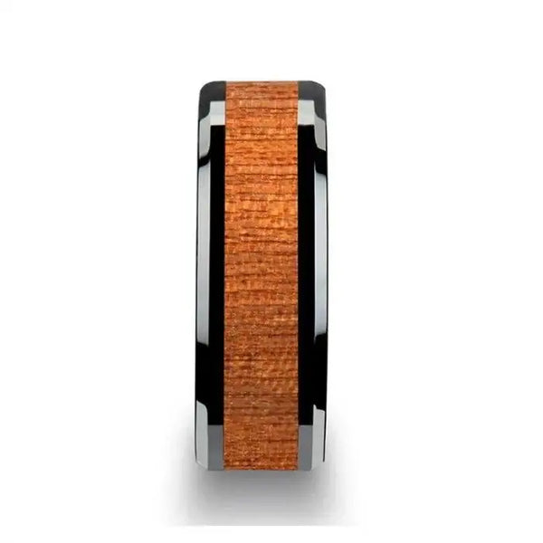 BENIN Black Ceramic Wedding Band with Polished Bevels and African Sapele Wood Inlay - 6mm - 10mm - Larson Jewelers