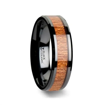 BENIN Black Ceramic Wedding Band with Polished Bevels and African Sapele Wood Inlay - 6mm - 10mm - Larson Jewelers