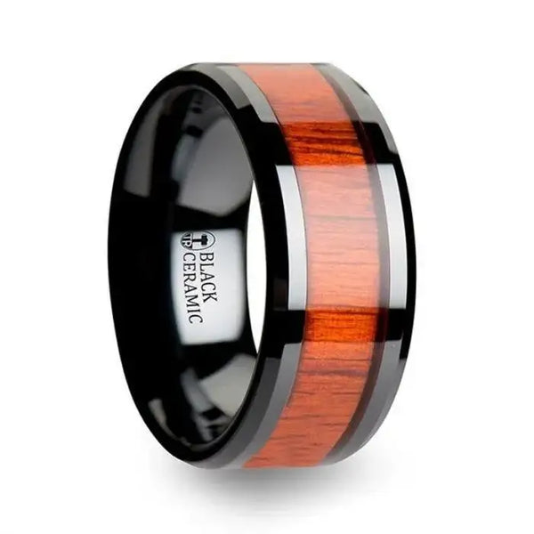 BOSULU Black Ceramic Ring with Polished Bevels and Padauk Real Wood Inlay - 6mm - 10mm - Larson Jewelers
