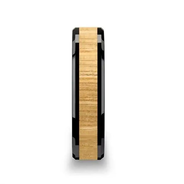BILTMORE Black Ceramic Ring with Polished Bevels and Ash Wood Inlay - 6mm - 10mm - Larson Jewelers