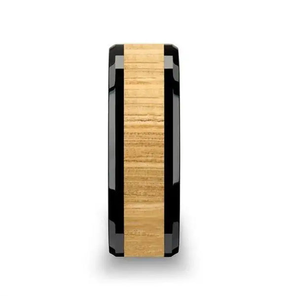 BILTMORE Black Ceramic Ring with Polished Bevels and Ash Wood Inlay - 6mm - 10mm - Larson Jewelers