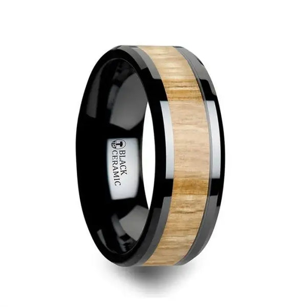 BILTMORE Black Ceramic Ring with Polished Bevels and Ash Wood Inlay - 6mm - 10mm - Larson Jewelers