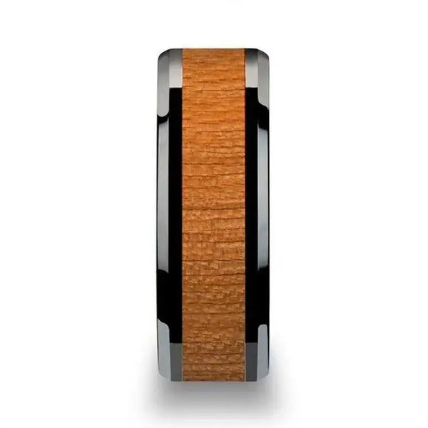 IOWA Black Ceramic Wedding Ring with Polished Bevels and Black Cherry Wood Inlay - 6mm - 10mm - Larson Jewelers