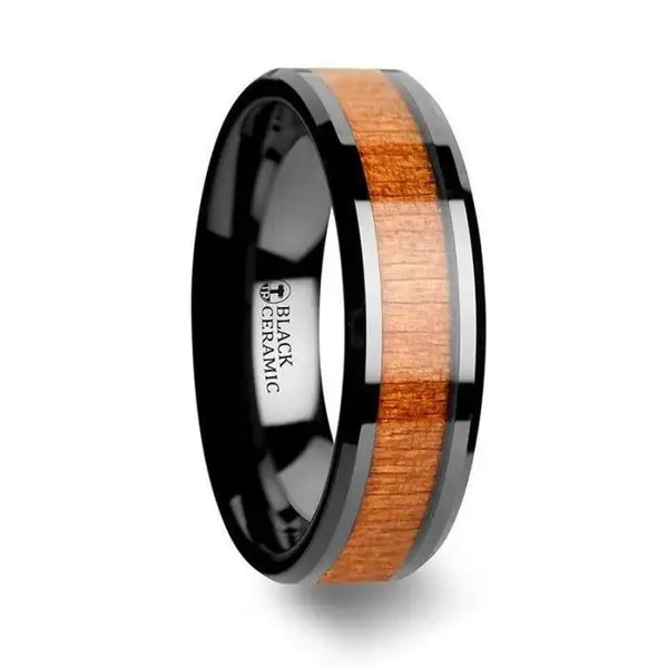 IOWA Black Ceramic Wedding Ring with Polished Bevels and Black Cherry Wood Inlay - 6mm - 10mm - Larson Jewelers