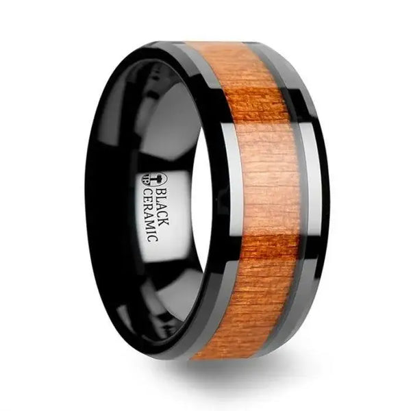 IOWA Black Ceramic Wedding Ring with Polished Bevels and Black Cherry Wood Inlay - 6mm - 10mm - Larson Jewelers