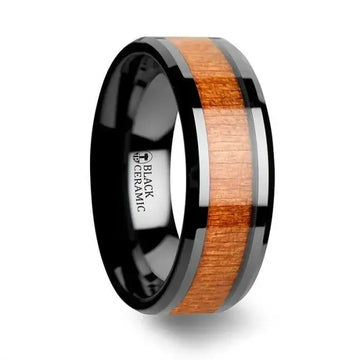 IOWA Black Ceramic Wedding Ring with Polished Bevels and Black Cherry Wood Inlay - 6mm - 10mm - Larson Jewelers