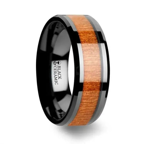 IOWA Black Ceramic Wedding Ring with Polished Bevels and Black Cherry Wood Inlay - 6mm - 10mm - Larson Jewelers
