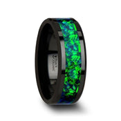PULSAR Black Ceramic Wedding Band with Beveled Edges and Emerald Green & Sapphire Blue Color Opal Inlay - 6mm or 8 mm - Larson Jewelers