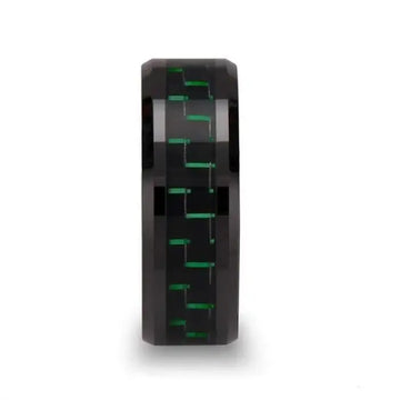 ATILUS Beveled Black Ceramic Wedding Band with Black & Green Carbon Fiber - 8mm - Larson Jewelers