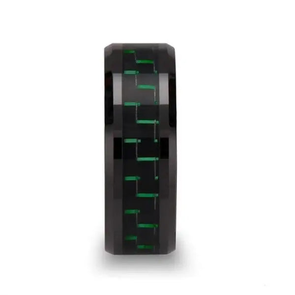 ATILUS Beveled Black Ceramic Wedding Band with Black & Green Carbon Fiber - 8mm - Larson Jewelers