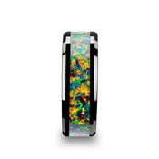 GALACTIC Black Ceramic Wedding Band with Beveled Edges and Blue & Orange Opal Inlay - 8mm - Larson Jewelers