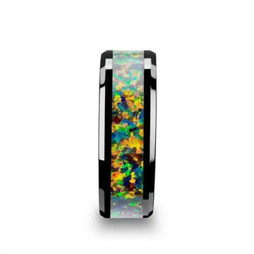 GALACTIC Black Ceramic Wedding Band with Beveled Edges and Blue & Orange Opal Inlay - 8mm - Larson Jewelers