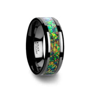 GALACTIC Black Ceramic Wedding Band with Beveled Edges and Blue & Orange Opal Inlay - 8mm - Larson Jewelers
