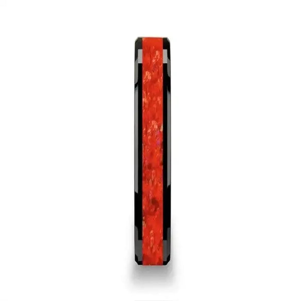 NOVA Black Ceramic Wedding Band with Beveled Edges and Red Opal Inlay - 4mm - Larson Jewelers