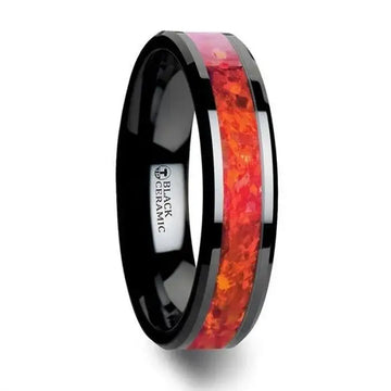 NOVA Black Ceramic Wedding Band with Beveled Edges and Red Opal Inlay - 4mm - 8mm - Larson Jewelers