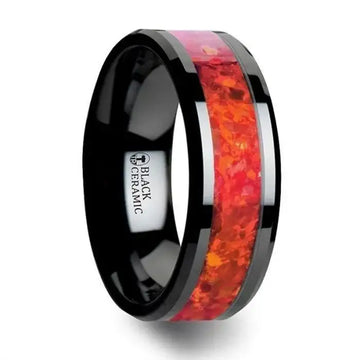 NOVA Black Ceramic Wedding Band with Beveled Edges and Red Opal Inlay - 4mm - 8mm - Larson Jewelers
