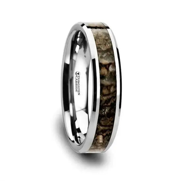 ORDOVICIAN Dinosaur Bone Inlaid Tungsten Carbide Beveled Edged Ring - 4mm - Larson Jewelers