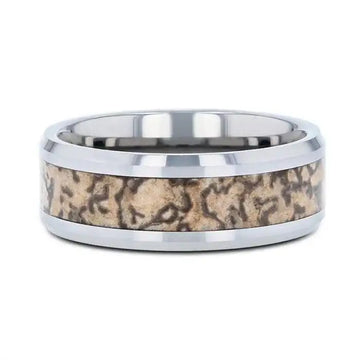 ORDOVICIAN Dinosaur Bone Inlaid Tungsten Carbide Beveled Edged Ring - 4mm or 8mm - Larson Jewelers