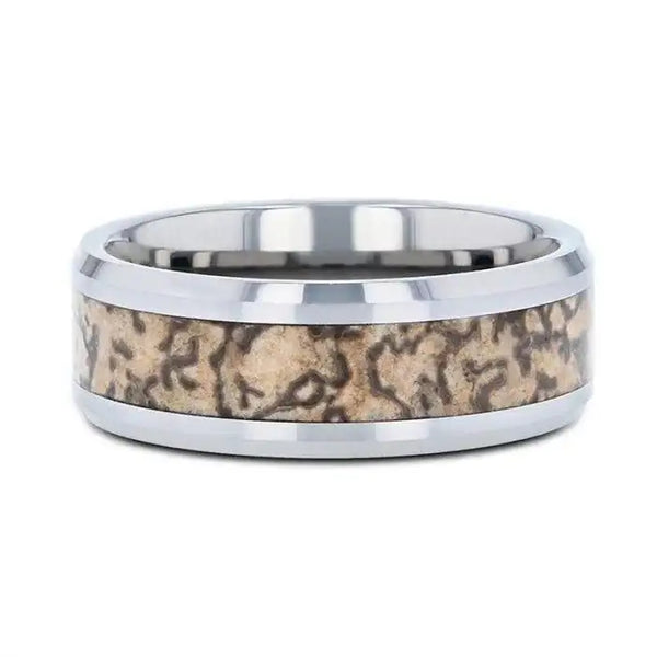 ORDOVICIAN Dinosaur Bone Inlaid Tungsten Carbide Beveled Edged Ring - 4mm or 8mm - Larson Jewelers