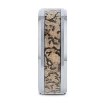 ORDOVICIAN Dinosaur Bone Inlaid Tungsten Carbide Beveled Edged Ring - 4mm or 8mm - Larson Jewelers