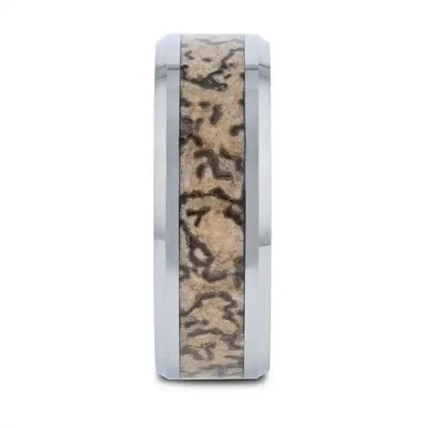 ORDOVICIAN Dinosaur Bone Inlaid Tungsten Carbide Beveled Edged Ring - 4mm or 8mm - Larson Jewelers