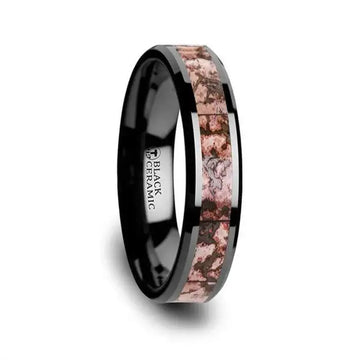 CAMBRIAN Pink Dinosaur Bone Inlaid Black Ceramic Beveled Edged Ring - 4mm & 8mm - Larson Jewelers