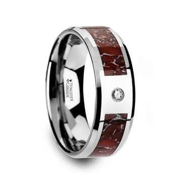 Red Dinosaur Bone Inlaid Tungsten Carbide Diamond Wedding Band with Beveled Edges - 8mm - Larson Jewelers