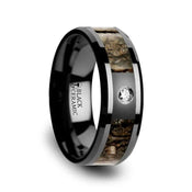 Brown Dinosaur Bone Inlaid Black Ceramic Diamond Wedding Band with Beveled Edges - 8mm - Larson Jewelers