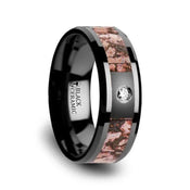 Pink Dinosaur Bone Inlaid Black Ceramic Diamond Wedding Band with Beveled Edges - 8mm - Larson Jewelers