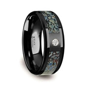 Blue Dinosaur Bone Inlaid Black Ceramic Diamond Wedding Band with Beveled Edges - 8mm - Larson Jewelers