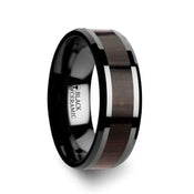 UMBRA Black Ebony Wood Inlaid Black Ceramic Ring with Beveled Edges - 8mm - Larson Jewelers