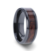 CERISE Redwood Inlaid Black Ceramic Ring with Beveled Edges - 8mm - Larson Jewelers