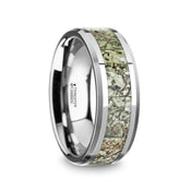 TARGARYEN Men’s Tungsten Wedding Band with Green Dinosaur Bone Inlay & Beveled Edges - 8mm - Larson Jewelers