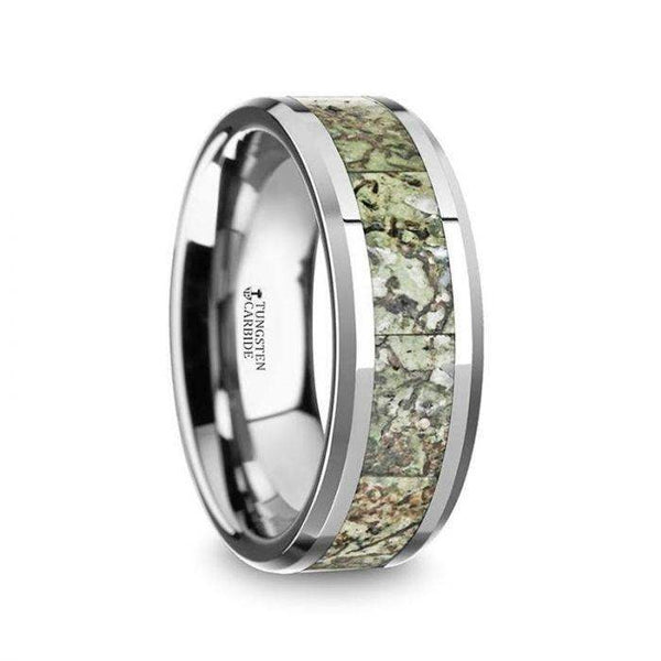 TARGARYEN Men’s Tungsten Wedding Band with Green Dinosaur Bone Inlay & Beveled Edges - 8mm - Larson Jewelers