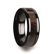 BENNY Black Ceramic Polished Beveled Edges Men’s Wedding Band with Bubinga Wood Inlay - 8mm - Larson Jewelers