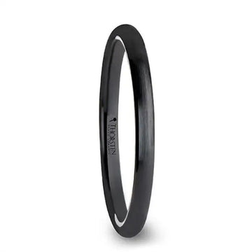 Side view of a thin black domed brushed-finish ceramic ring, 2 mm width