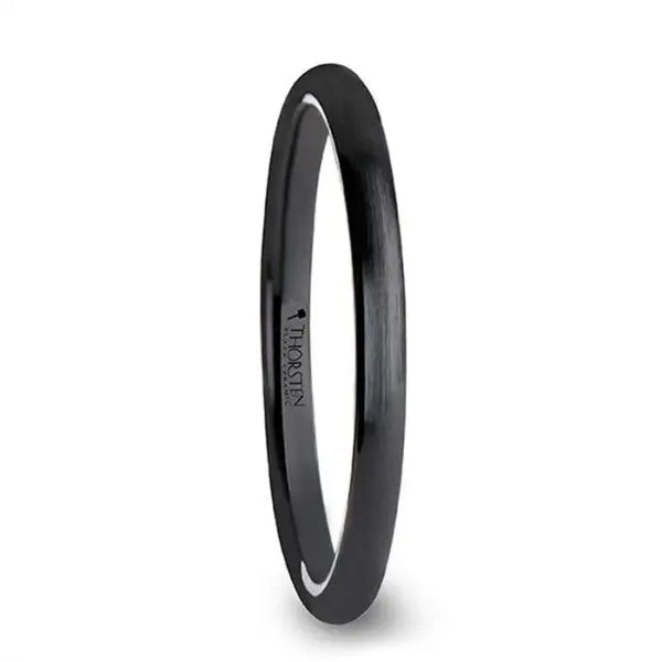 Side view of a thin black domed brushed-finish ceramic ring, 2 mm width