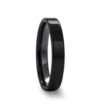 Medium-width flat polished black ceramic ring with glossy finish